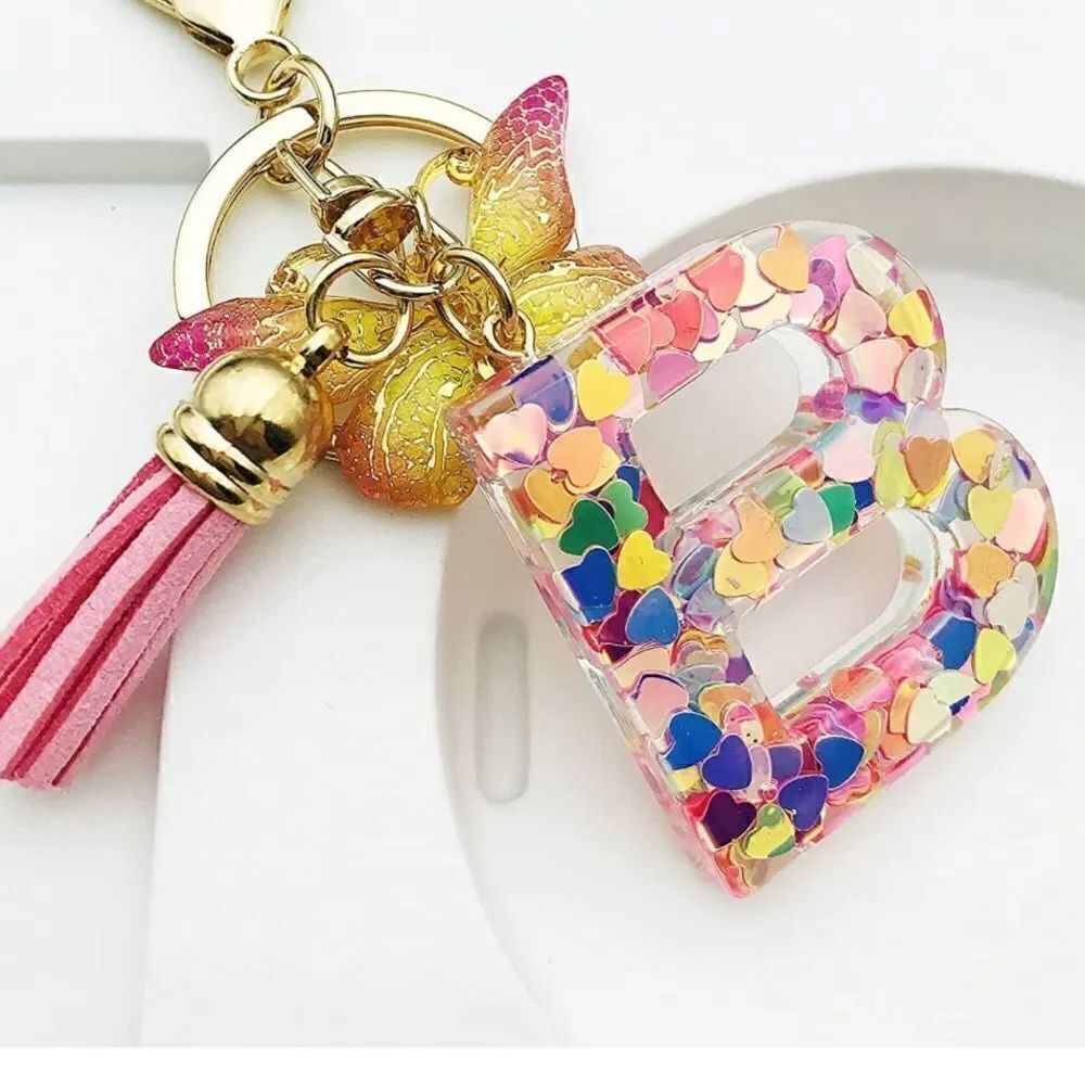 Pink Initials Heart Tassel Keychain